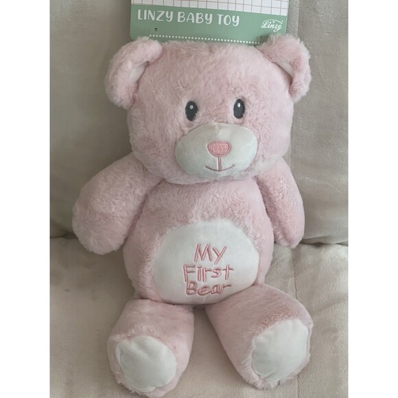 Linzy Baby Pink My First Bear Rattle Plush Toy Embroidered Stuffed Animal 15” - Picture 1 of 13